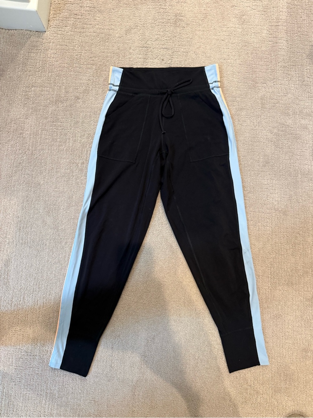 Women’s Black Jogger Pants with Light Blue and Orange Side Stripe